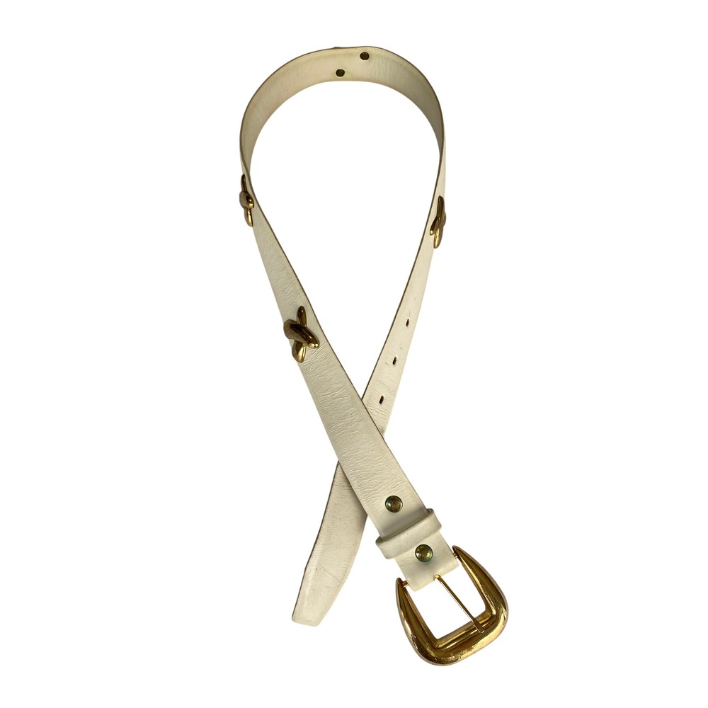 VTG Paloma Picasso Off White Leather Belt Gold X Studded Buckle SZ 28 90s Retro